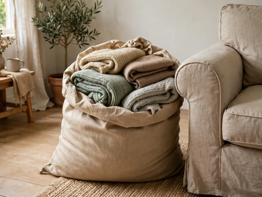 Canvas sack holding folded throws beside a sofa
