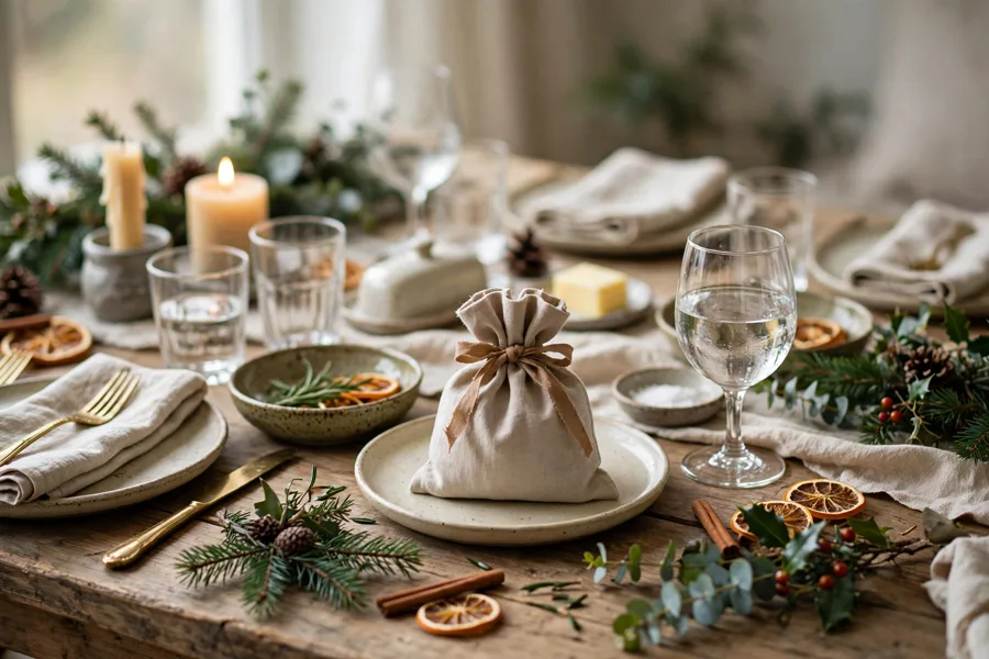 Small gift sack at a Christmas table setting