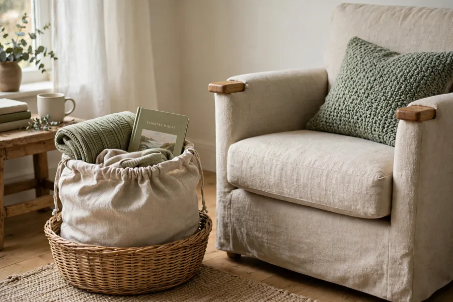 Linen sack in a basket beside a reading chair