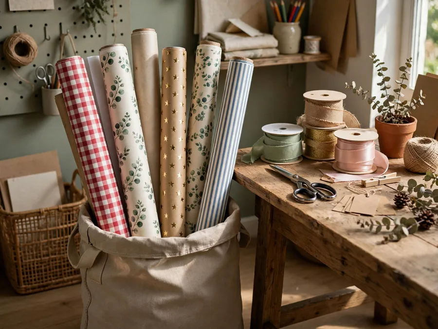 Canvas sack holding wrapping paper rolls by a table
