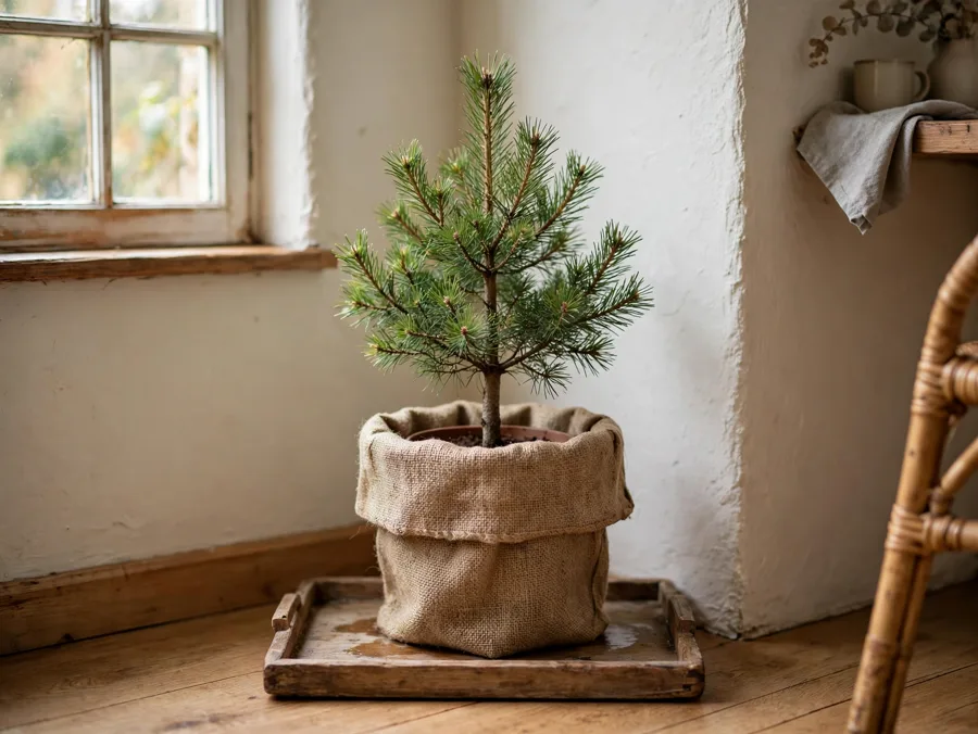 Burlap sack covering a potted pine tree