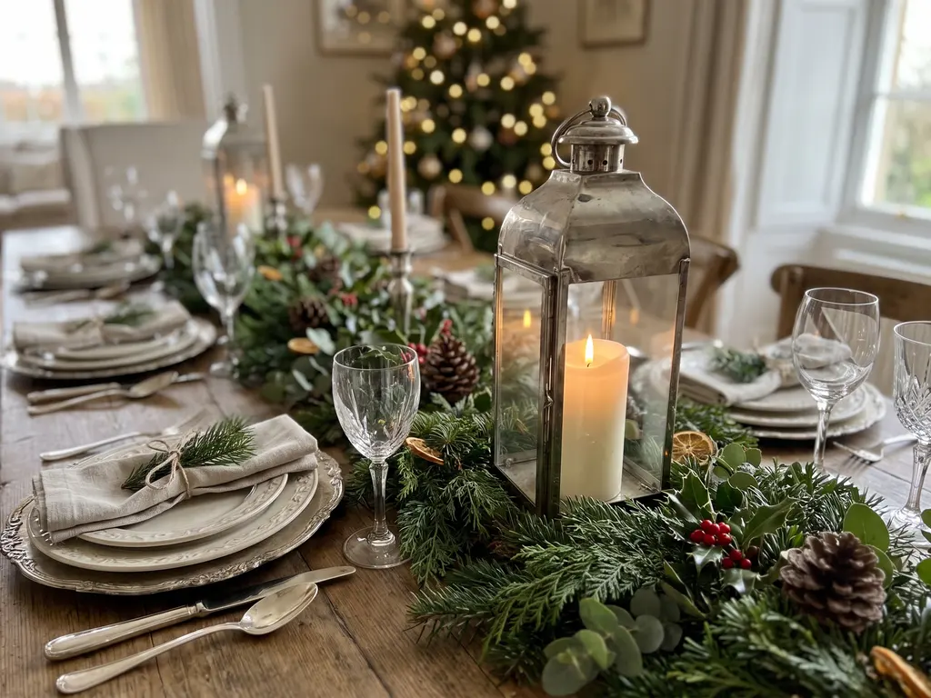 Silver lantern with a lit candle on a dining table