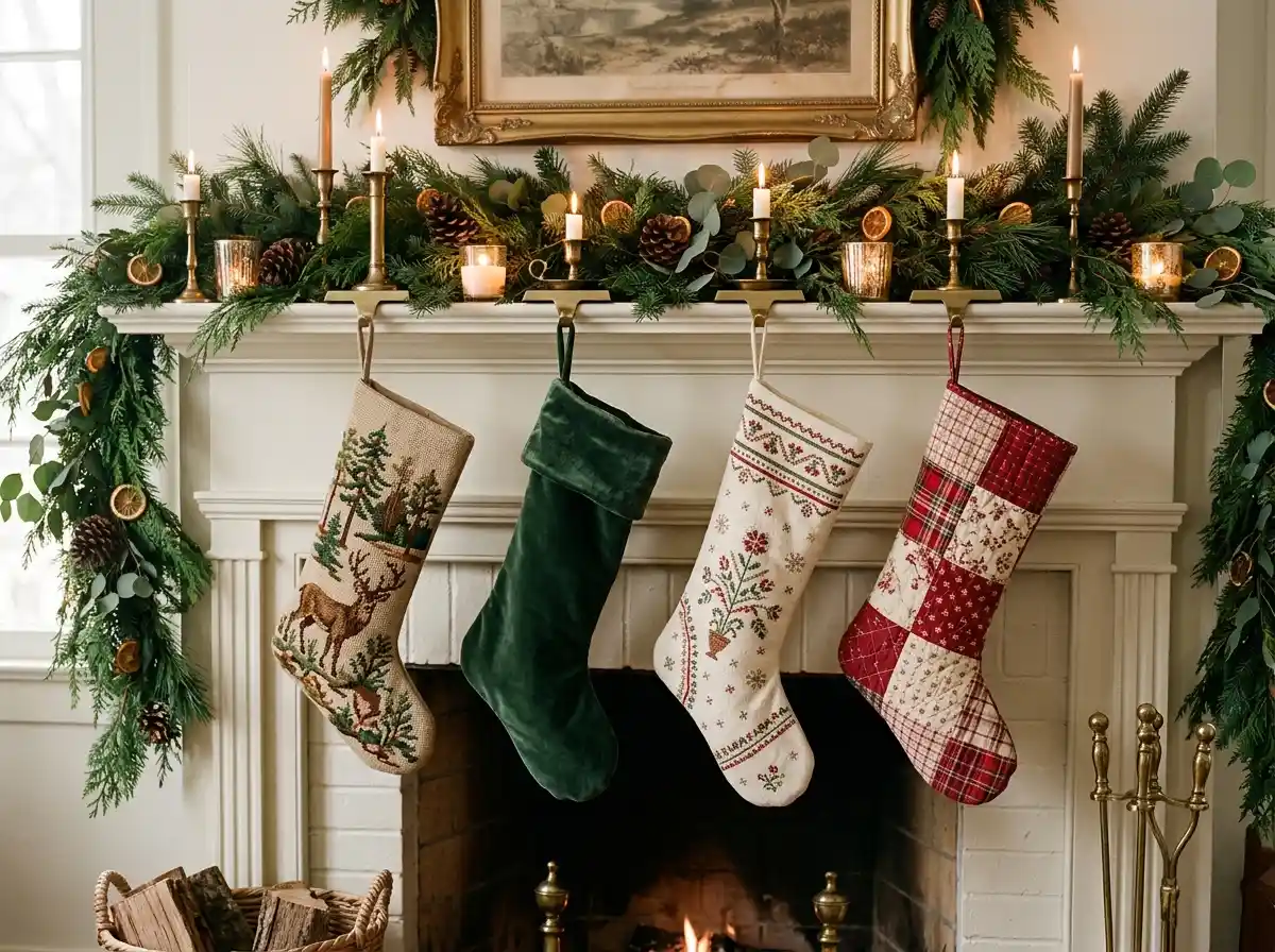 Mixed Christmas stockings hanging on a mantel