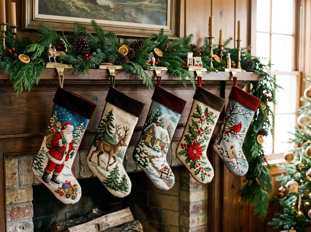Needlepoint Christmas stockings on a mantel