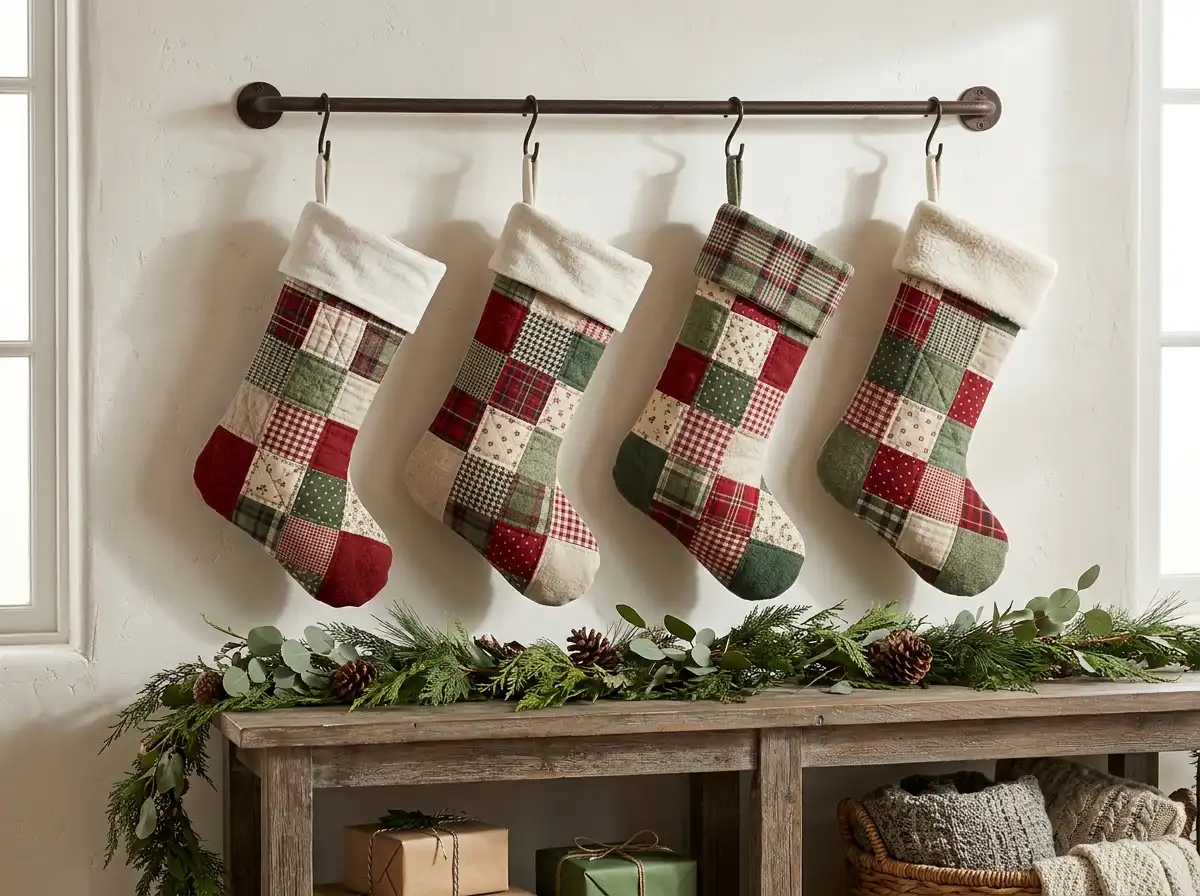Patchwork Christmas stockings in red and cream