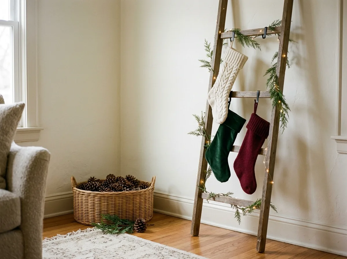 Christmas stockings hanging on a wooden ladder
