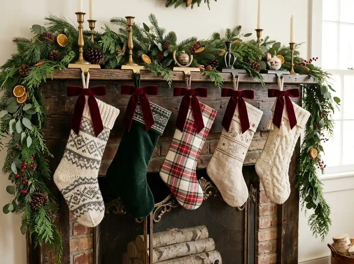 Mixed stockings tied with matching red ribbon