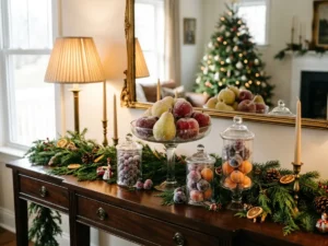 Sugared fruit Christmas decor on a console table