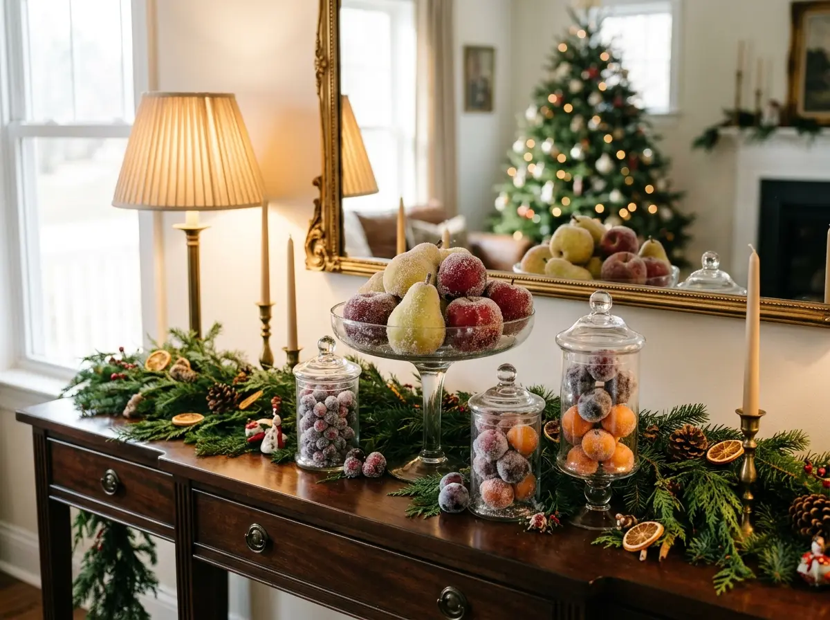 Sugared fruit Christmas decor on a console table