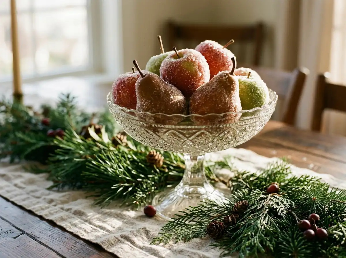 Sugared pears and apples in a glass compote