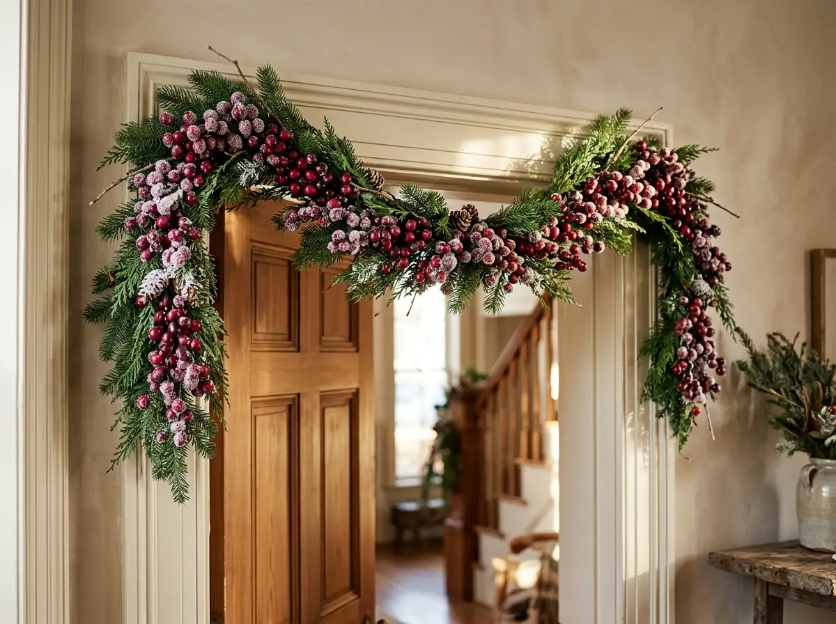 Frosted cranberry swag over a doorway