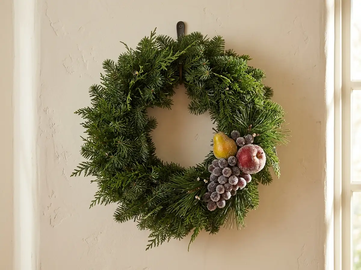 Greenery wreath with frosted fruit cluster
