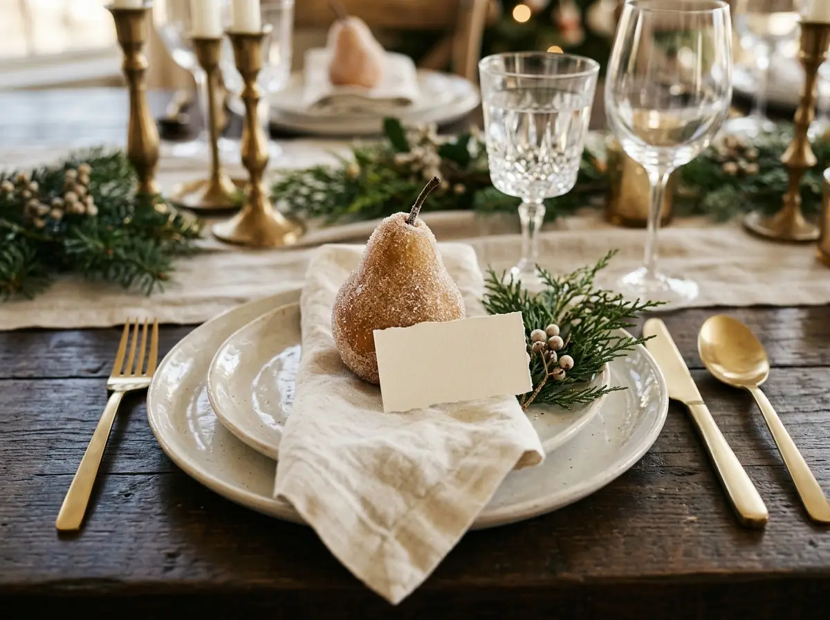 Frosted pear place setting with name card
