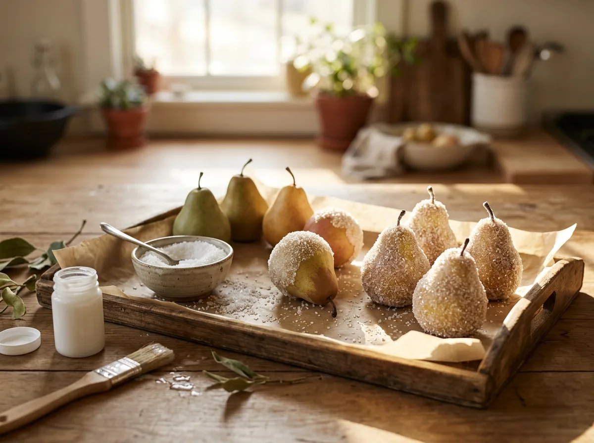Faux pears being coated with Epsom salt