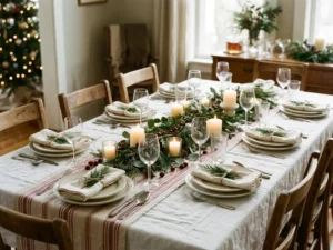 Christmas dining table with a low centerpiece
