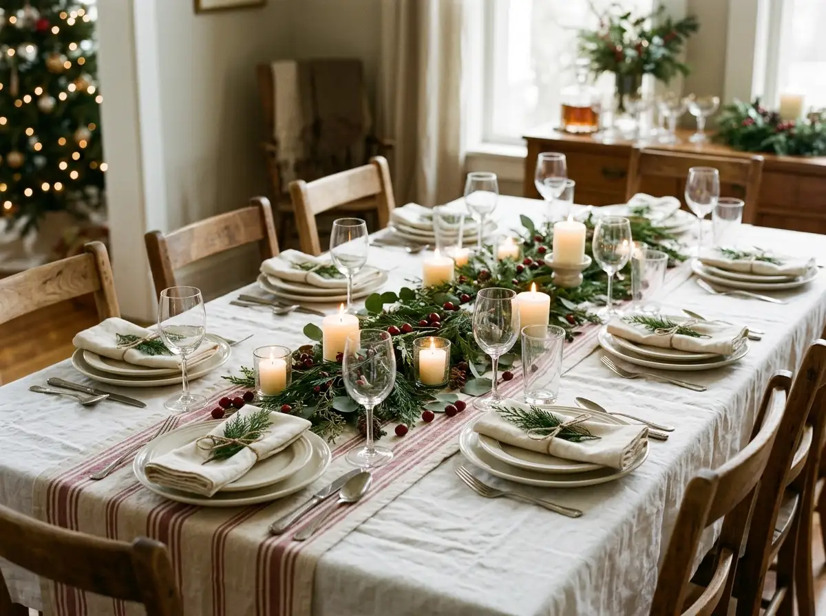 Christmas dining table with a low centerpiece