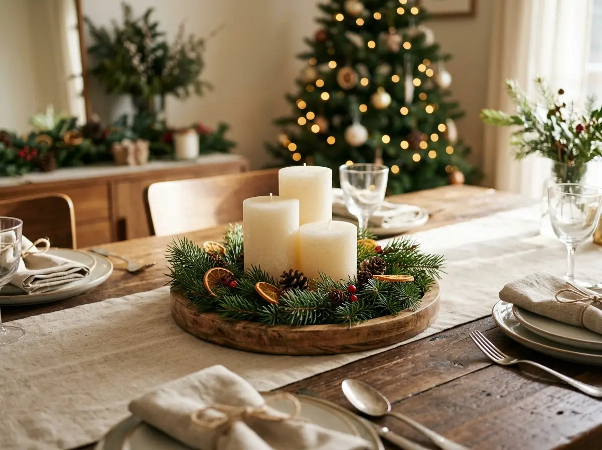 Short ivory candles clustered on a tray