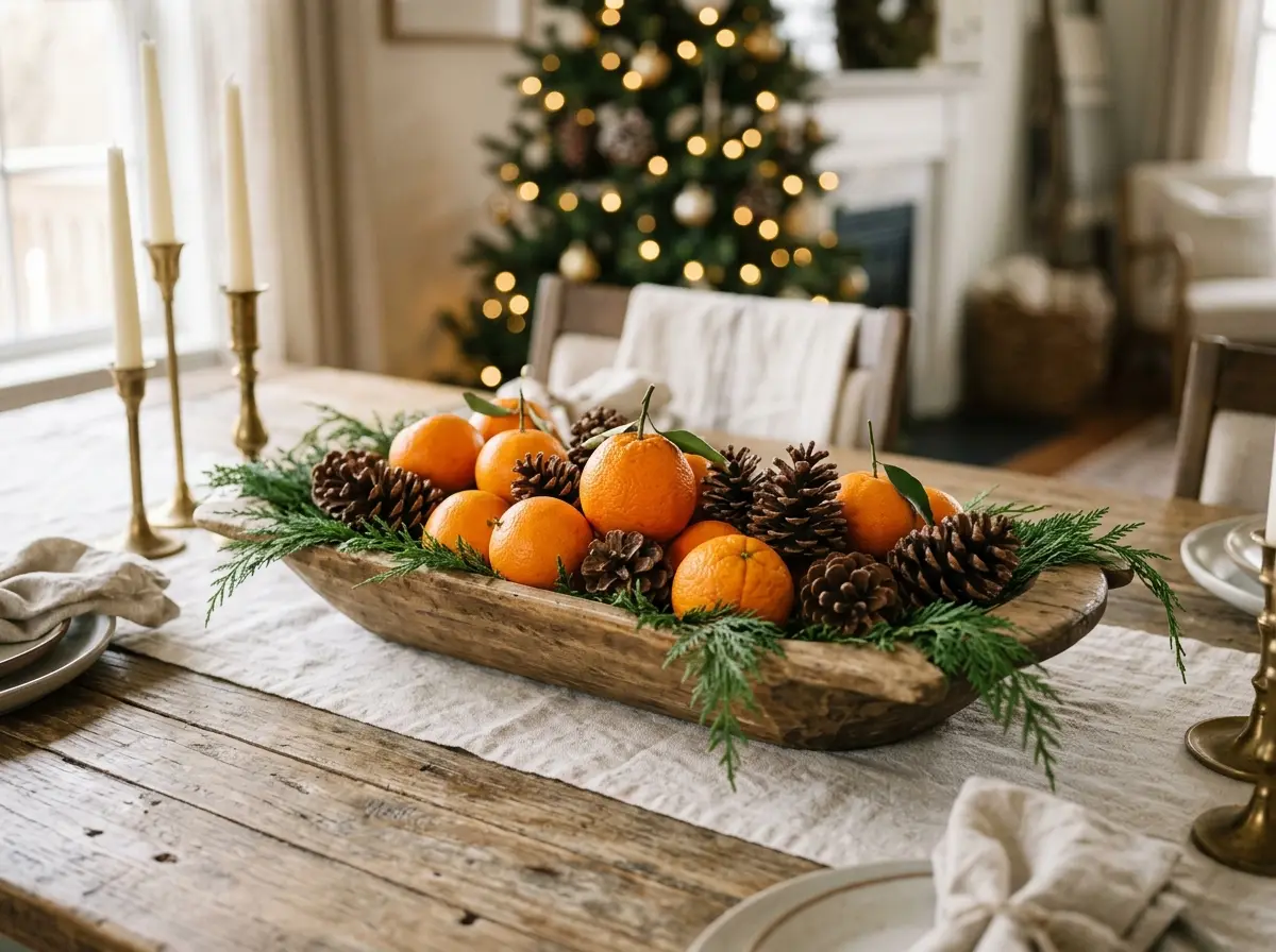 Wooden bowl with oranges and pinecones