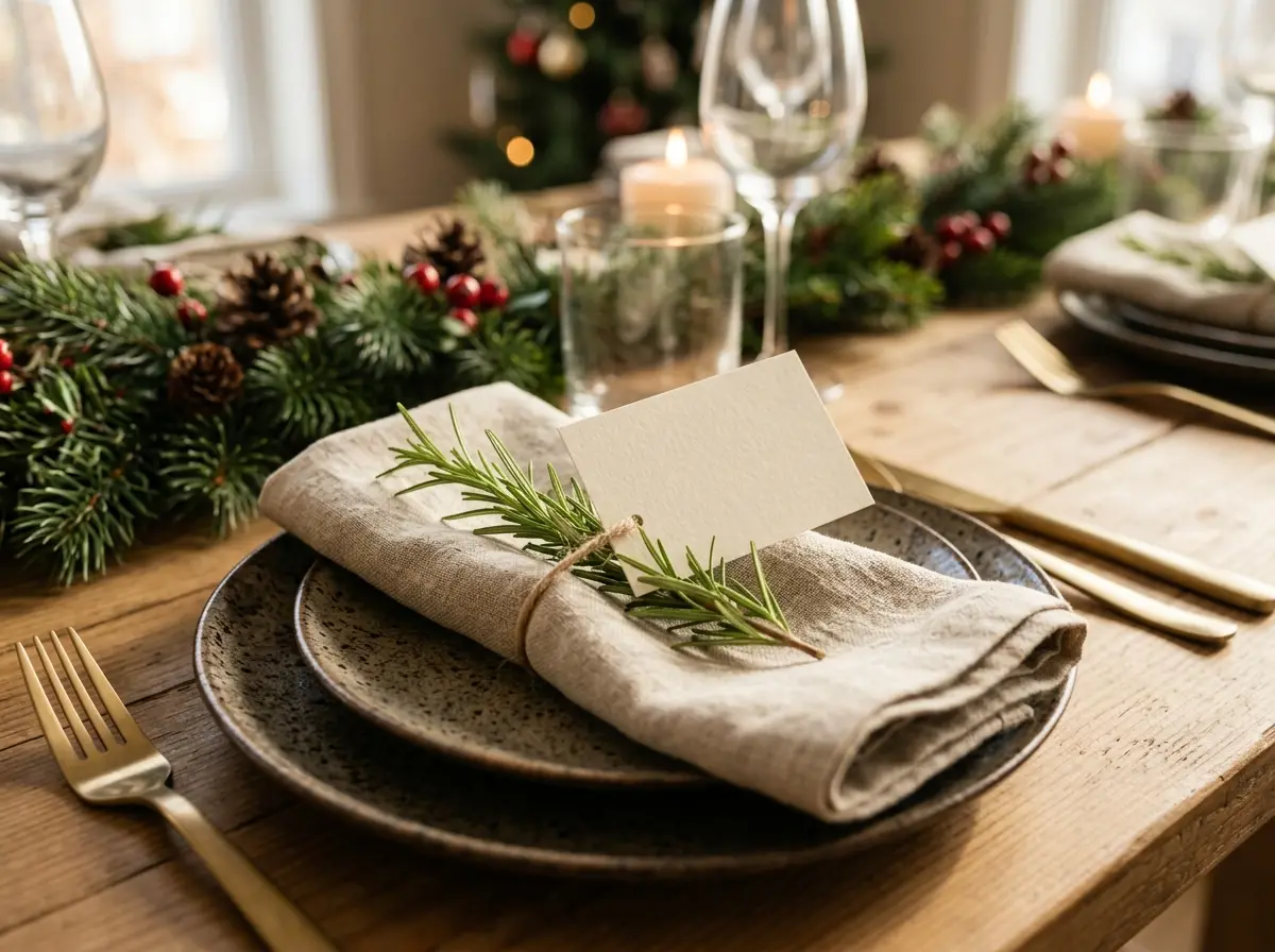 Name card tucked into a rosemary sprig