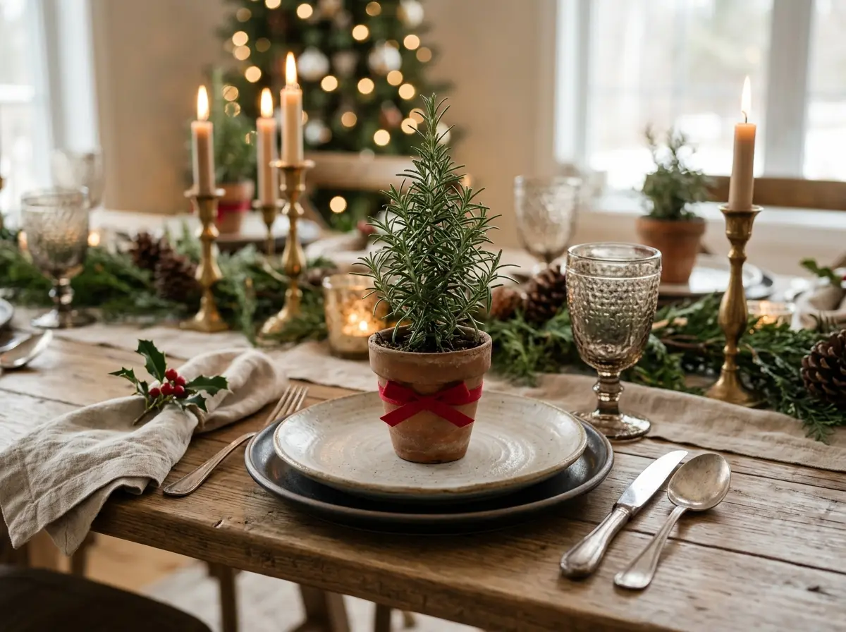 Mini potted rosemary tree at a place setting