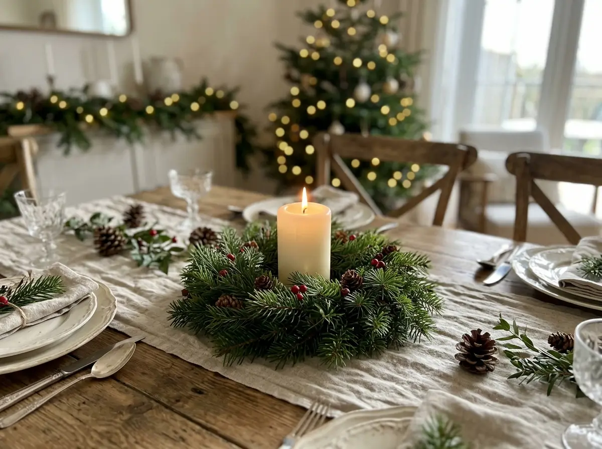 Mini green wreath laid flat around a candle