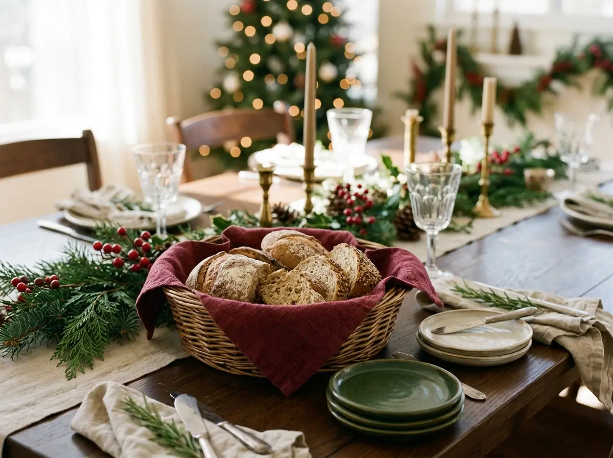 Bread basket lined with a red tea towel