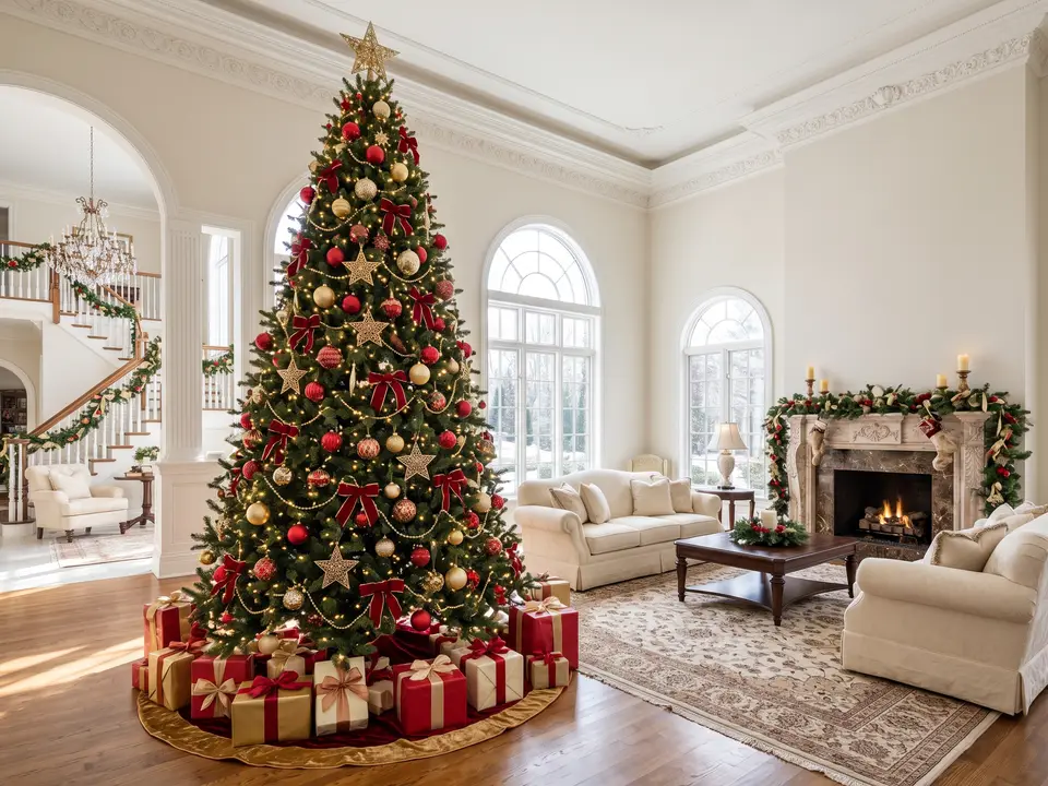 Tall Christmas tree with red and gold ornaments in a formal living room