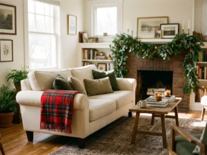 Living room with a red tartan throw and greenery