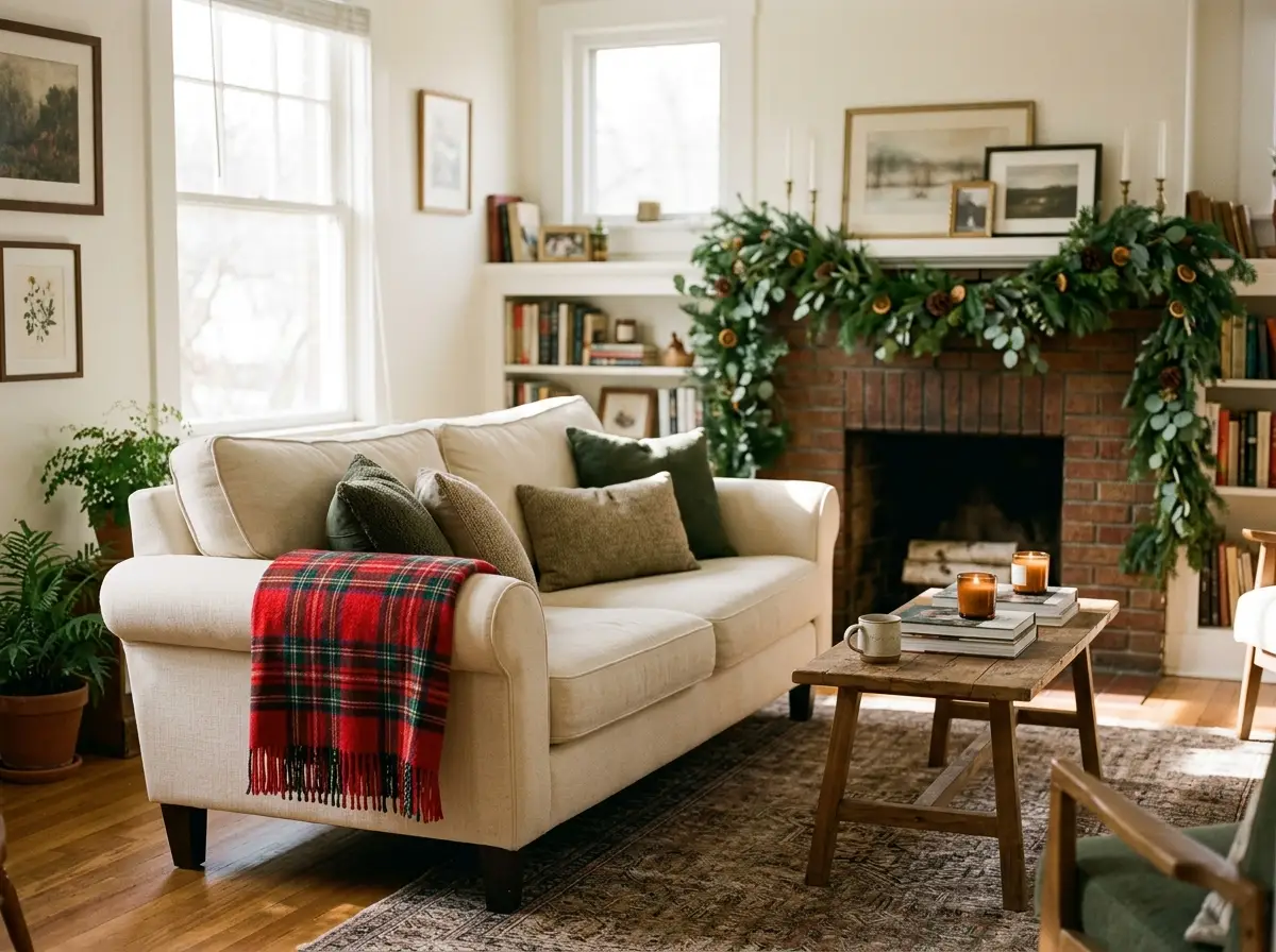 Living room with a red tartan throw and greenery