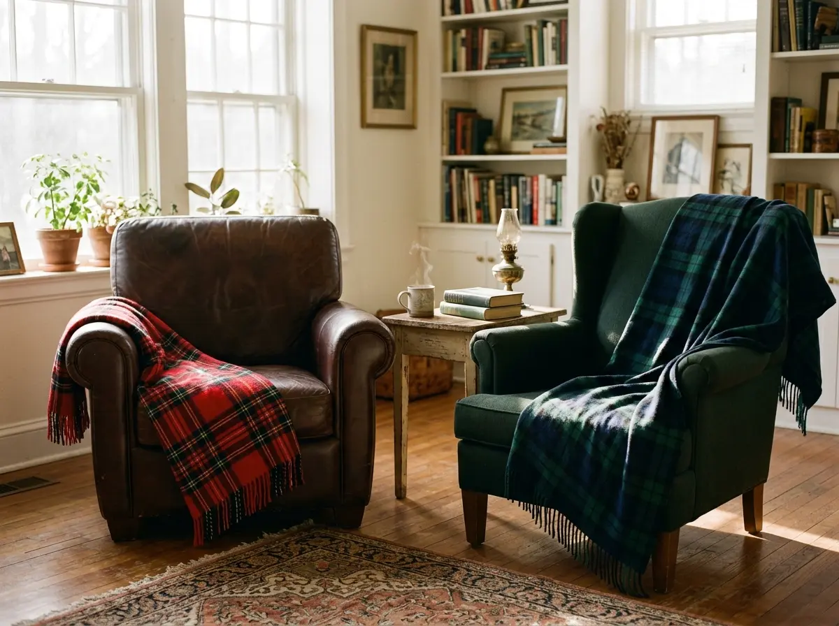 Red and Black Watch tartan throws on armchairs