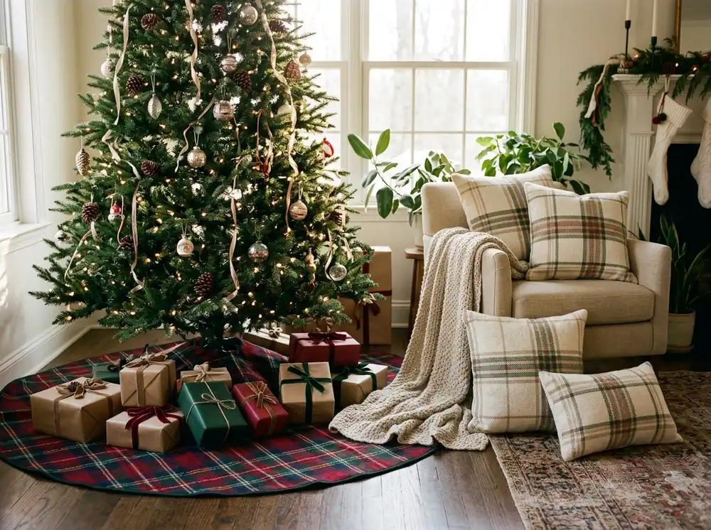 Tree with a tartan skirt and cream tartan cushions