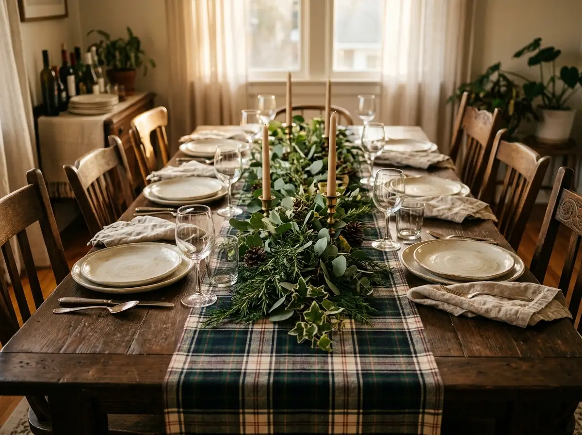 Dining table with a tartan runner