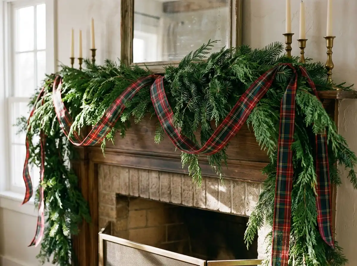 Garland with woven tartan ribbon