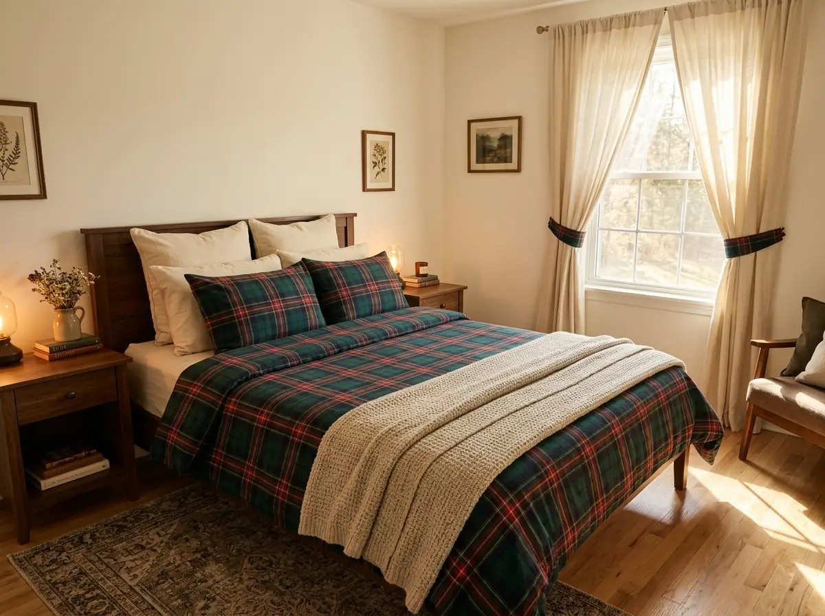 Guest bedroom with tartan bedding and tiebacks