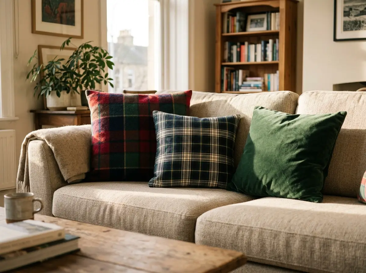 Mixed tartan checks with a solid velvet cushion