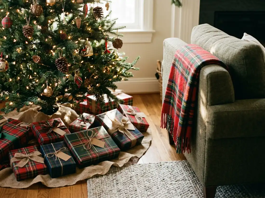 Tartan-wrapped gifts under the tree