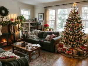 Cozy living room with decorated tree and lights