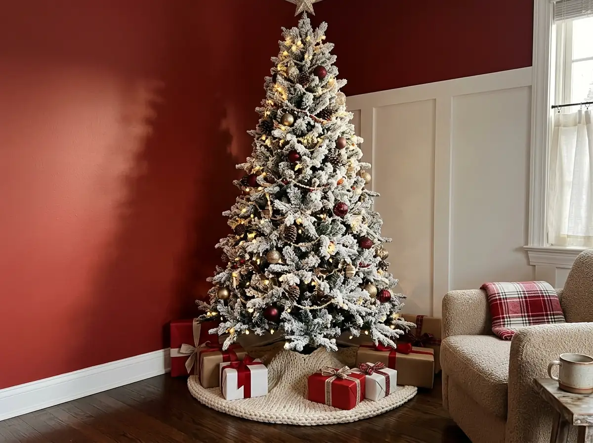 Flocked tree beside a Scandinavian corner