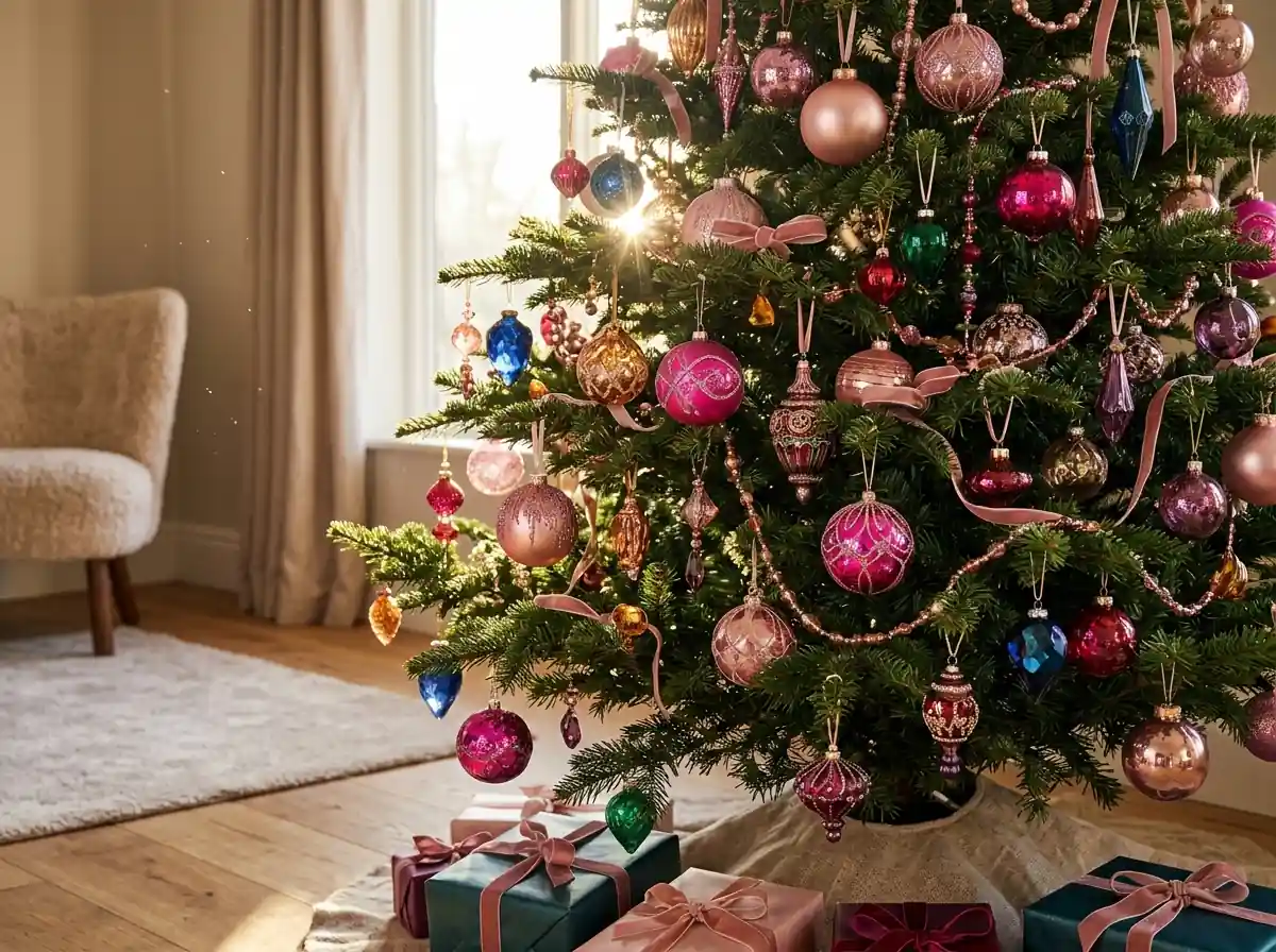 Tree with pink and jewel ornaments