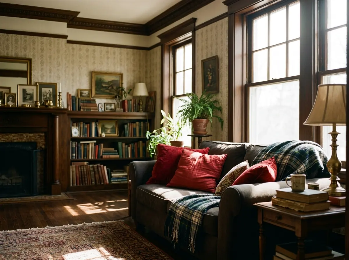 Plaid and deep red Christmas living room