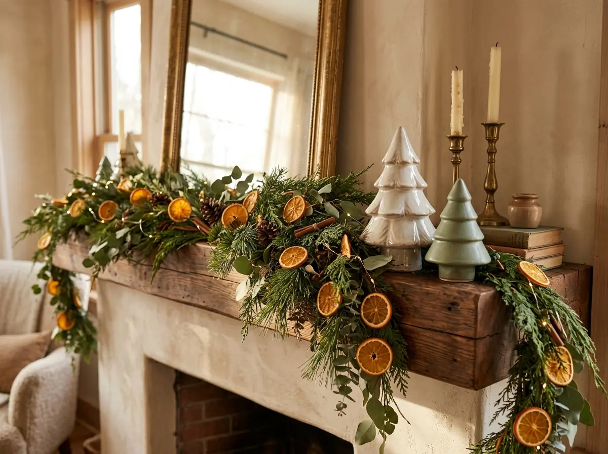 Dried orange garland and vintage ceramic tree