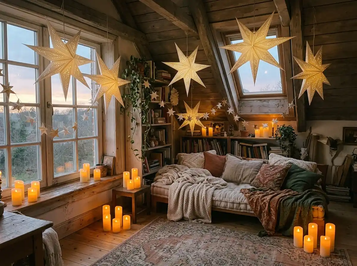 Paper stars and a room glowing with candles