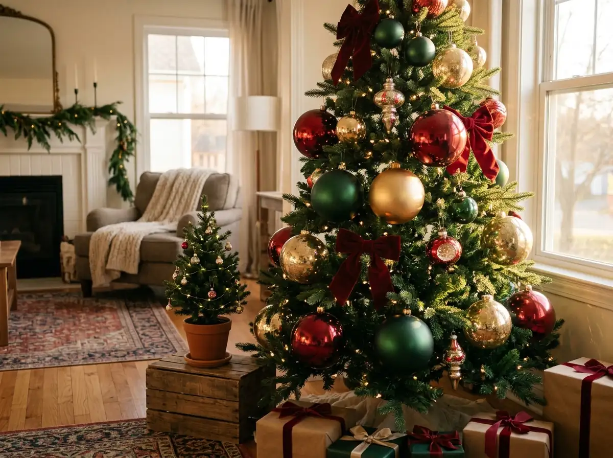 Tree with oversized ornaments and mini tree