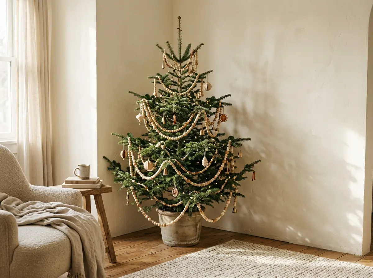 Beaded garland tree beside a cream corner