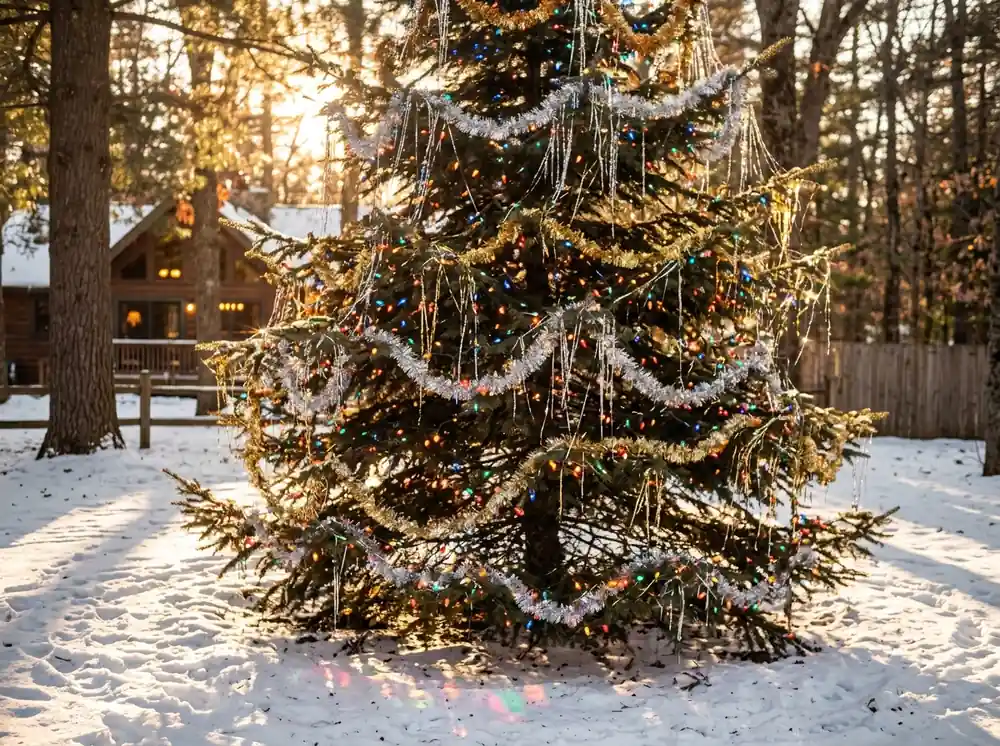 Tree with multicolor lights and tinsel shimmer