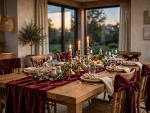Dining table with velvet runner and chair sashes