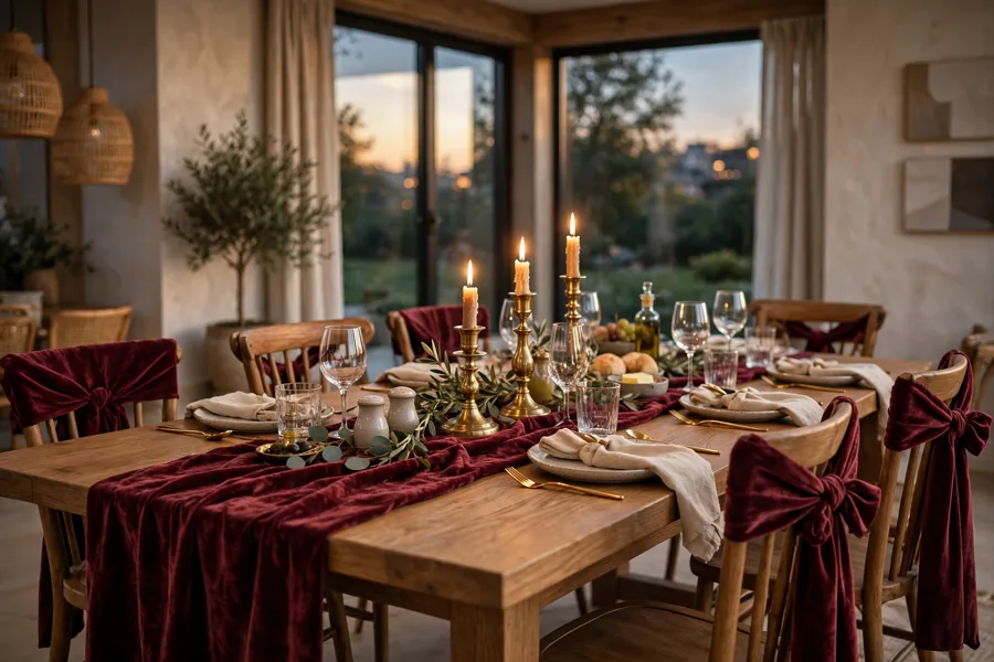 Dining table with velvet runner and chair sashes
