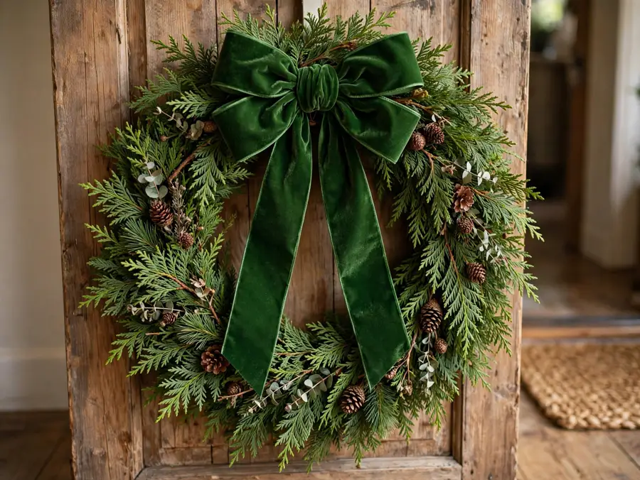 Green velvet bow on an indoor cedar wreath