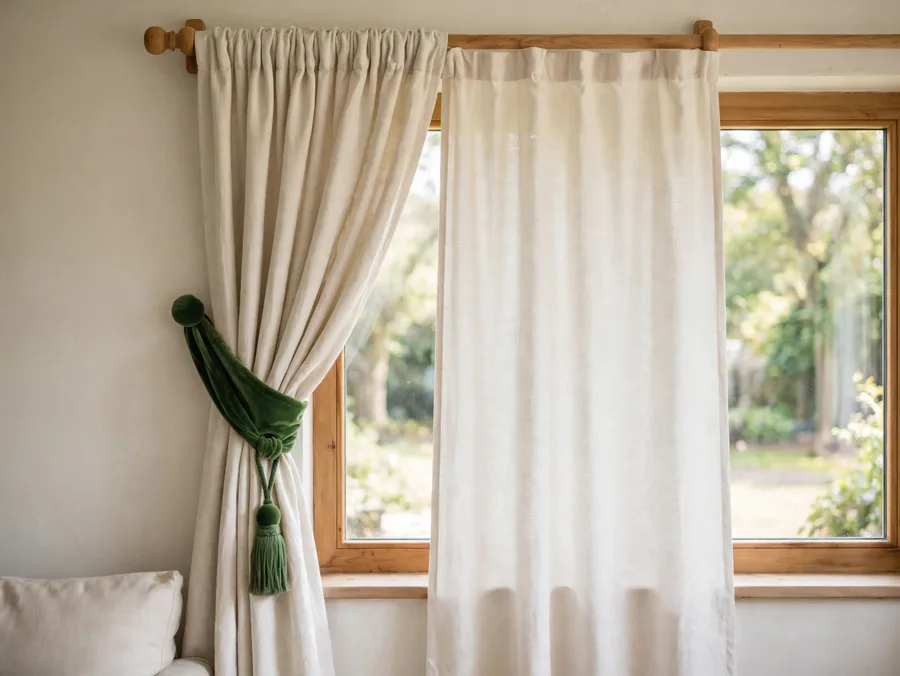 Green velvet tieback holding a plain curtain