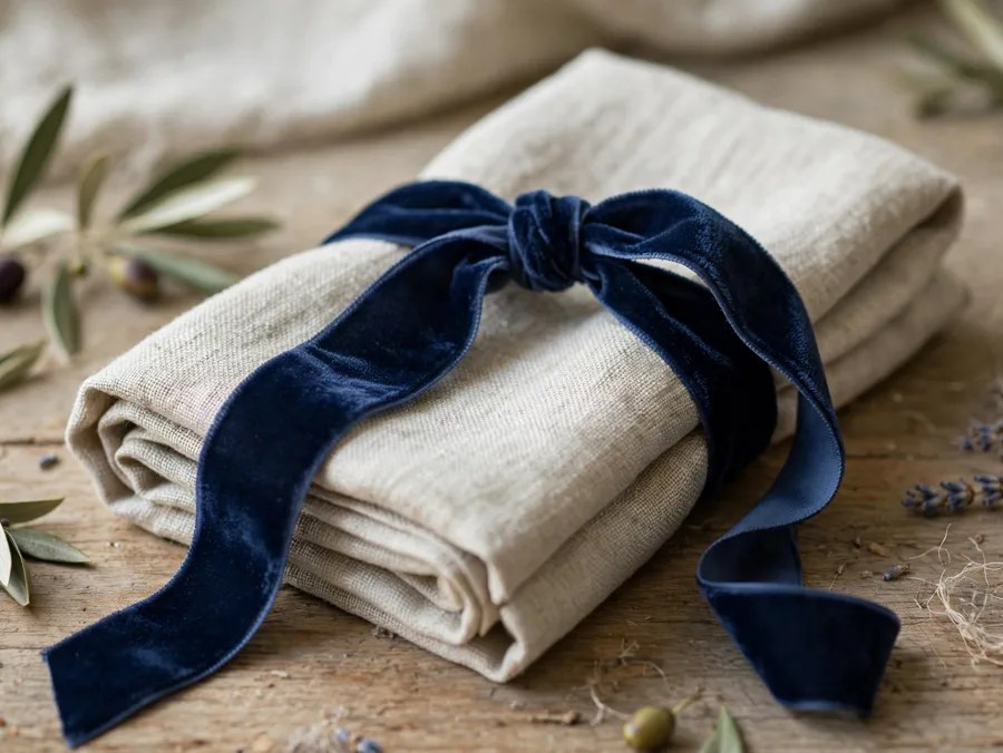 Navy velvet ribbon tied around a linen napkin